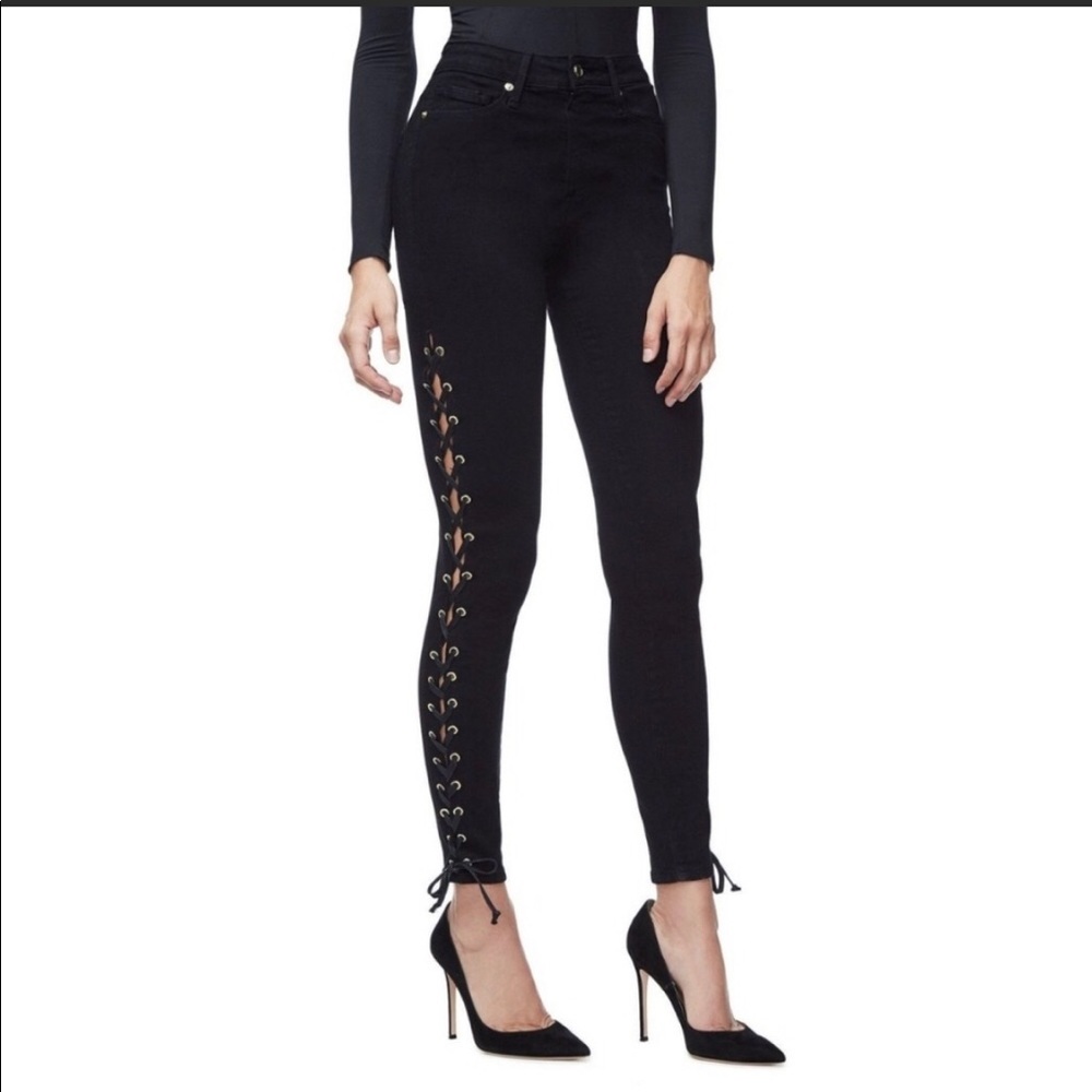 Good American Good Waist Tie Up Black Jeans